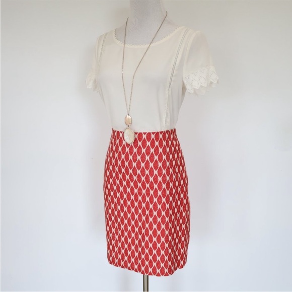 ANN TAYLOR Size 0 Ivory Red Skirt Blouse Set Career - Picture 2 of 16